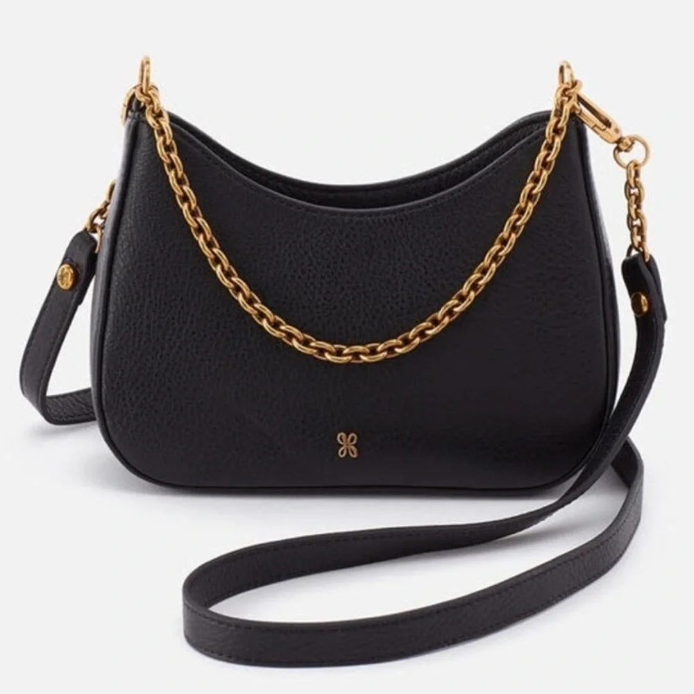 Hobo Rosa Crossbody Pebbled Black Leather Gold Chain Strap